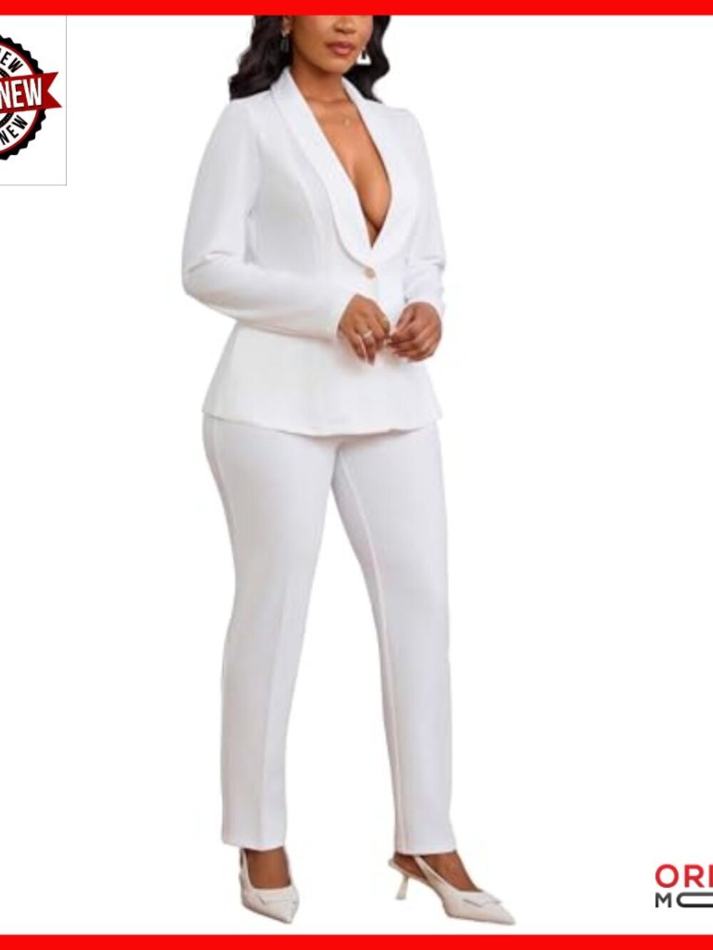 White Long Sleeve Blazer Pantsuit 2-Piece Business Casual Work Set - Picture 3 of 7